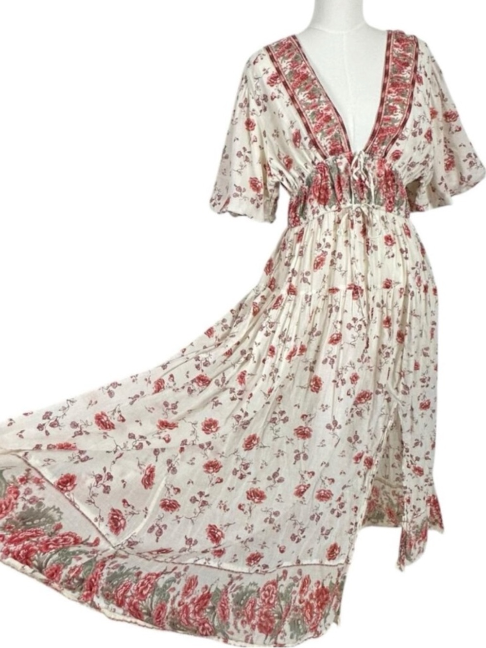 Free People Lysette Maxi Dress in Tea Combo Large Bohemian Gypsy Indian Cotton - Picture 2 of 13